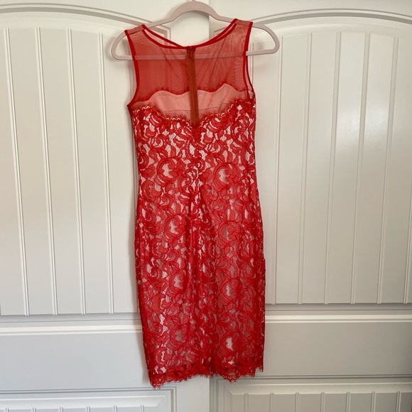 Tadashi Shoji orange red illusion lace midi dress size 2 - Picture 6 of 9